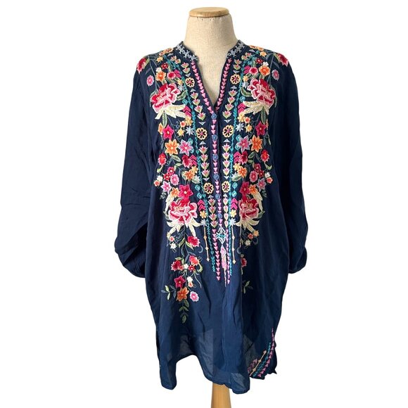 Johnny Was Tops - Johnny Was Womens Sz Large Annette Floral Embroidered Tunic Blue